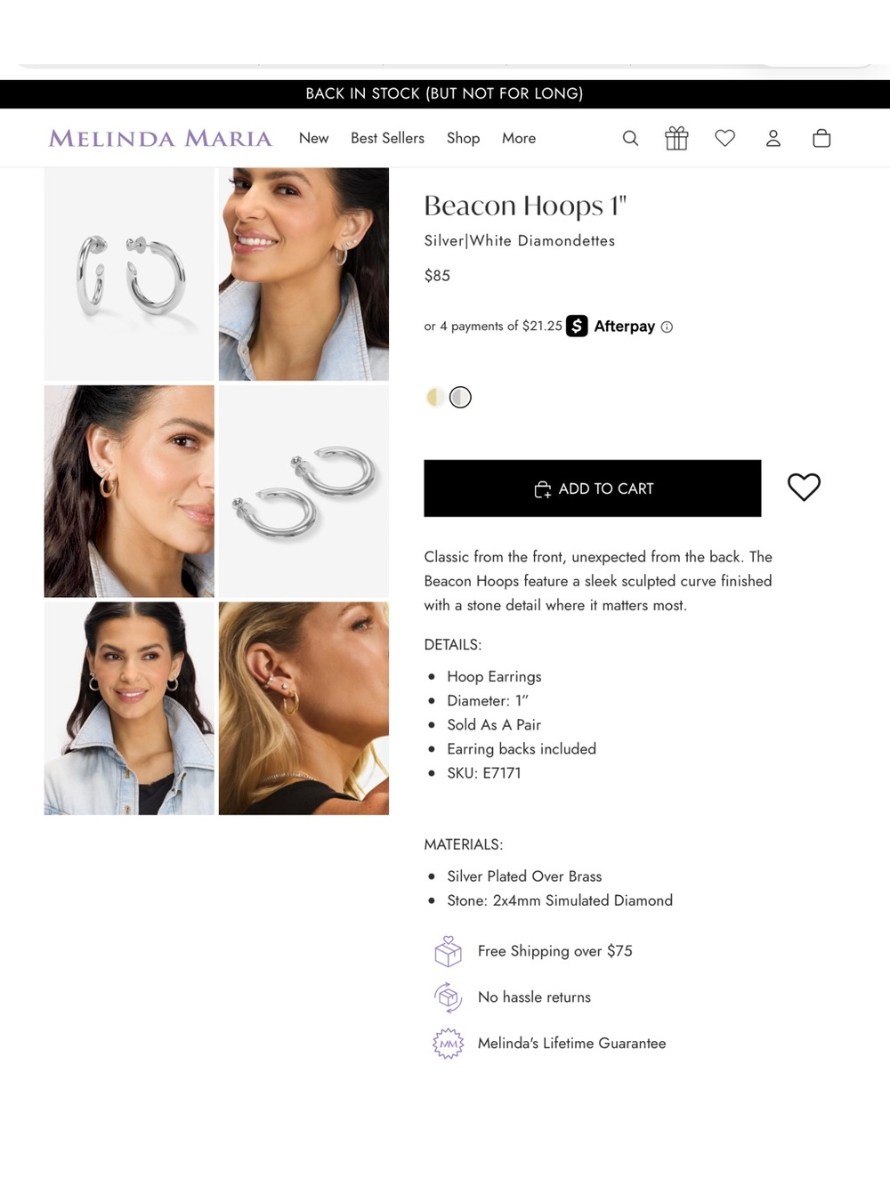 NWT Melinda Maria Silver Beacon Hoop Earrings (1 inch)